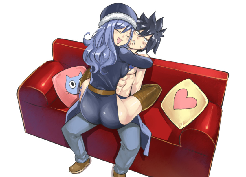 1boy 1girl ass black_hair blue_dress blue_headwear blue_panties brown_footwear brown_thighhighs character_print chest_tattoo closed_eyes couch cushion dress fairy_tail fairy_tail_logo gray_fullbuster happy hat heads_together heart heart_print highres hug juvia_lockser leg_lock leg_tattoo long_hair mashima_hiro official_art panties short_hair simple_background sitting sitting_on_person spiked_hair tattoo thighhighs thighs underwear white_background