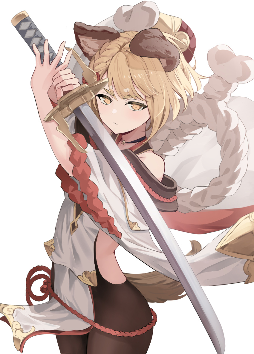 1girl animal_ears bare_shoulders blonde_hair dog_ears dog_girl dog_tail granblue_fantasy highres kimblee knife simple_background tail vajra_(granblue_fantasy) white_background yellow_eyes