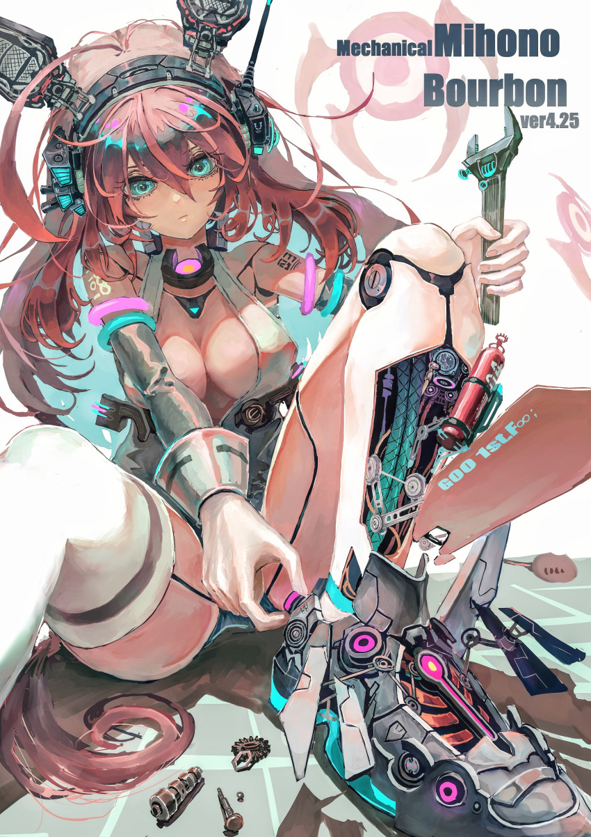 1girl absurdres ahoge android animal_ears aqua_eyes bare_shoulders breasts brown_hair cable character_name cleavage closed_mouth detached_sleeves fake_animal_ears gears headphones highres holding holding_wrench horse_girl horse_tail leotard long_hair mecha_musume medium_breasts mihono_bourbon_(umamusume) pokepoke_(usdg7842) screw sitting solo tail thighhighs umamusume white_leotard white_thighhighs wrench