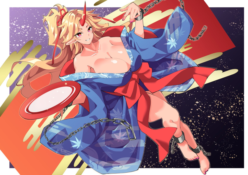 1girl blonde_hair blue_kimono breasts chain cuffs cup fugaku_(miko_no_miyatsuguchi) highres hoshiguma_yuugi hoshiguma_yuugi_(kimono) japanese_clothes kimono large_breasts messy_hair obi parted_bangs pointy_ears red_eyes red_sash sakazuki sash solo touhou