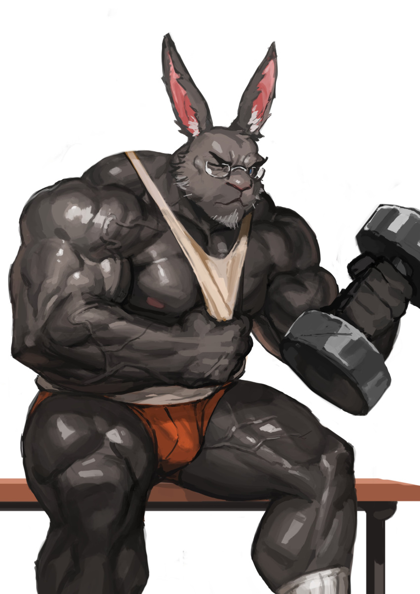 absurd_res anthro bottomwear clothed clothing exercise eyewear glasses hi_res lagomorph leporid long_ears male mammal muscular muscular_anthro muscular_male nipple_piercing nipples piercing rabbit shirt shorts solo tank_top topwear traver009 vein veiny_muscles weightlifting workout