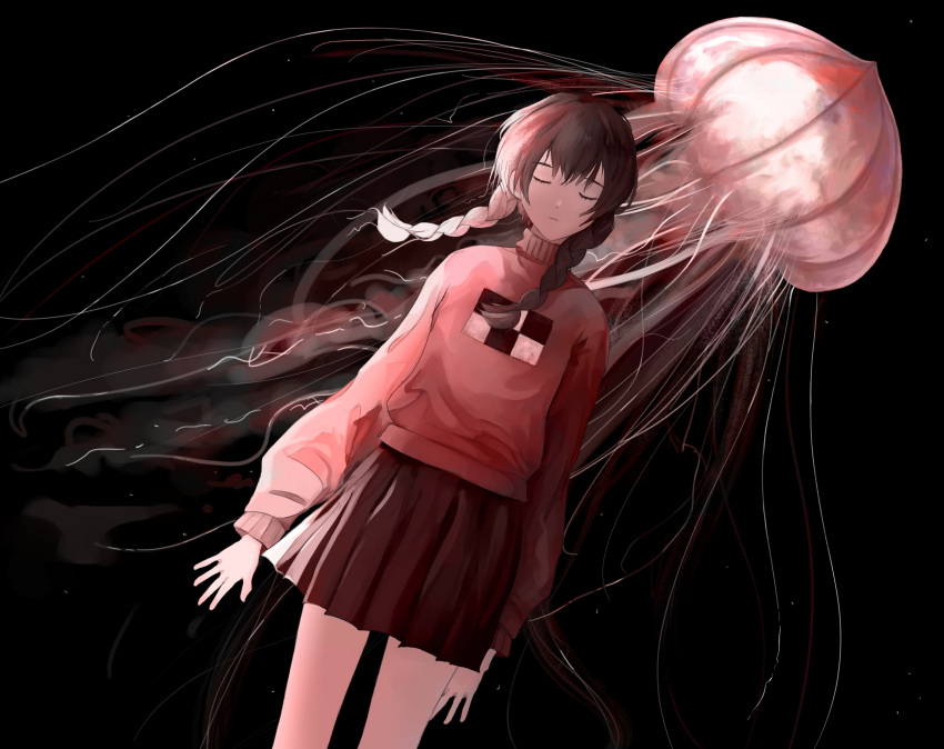 :| arms_at_sides black_background braid brown_hair closed_eyes closed_mouth commentary cowboy_shot dutch_angle expressionless facing_viewer floating_hair highres jellyfish koiifisher long_hair long_sleeves madotsuki miniskirt pink_sweater pleated_skirt puffy_long_sleeves puffy_sleeves red_skirt skirt sweater twin_braids twintails wind yume_nikki