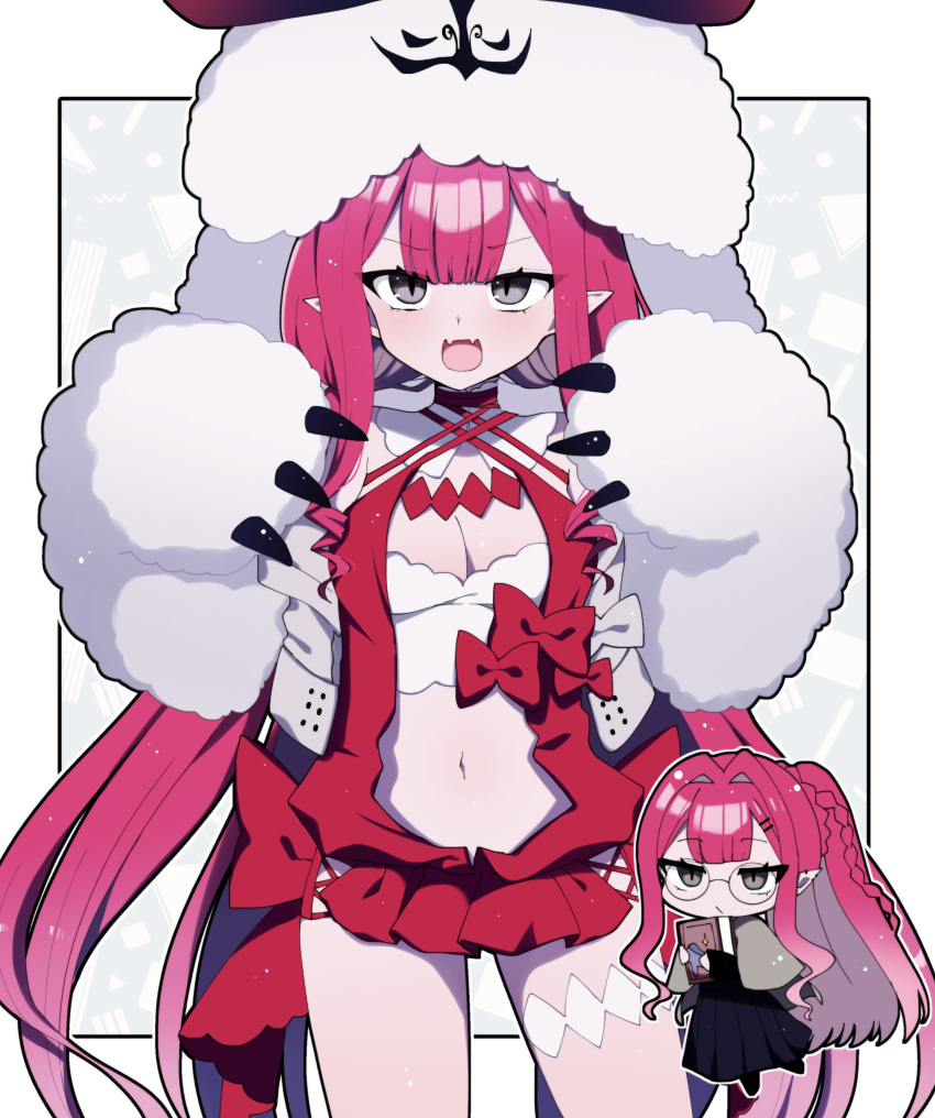 1girl absurdres animal_hood baobhan_sith_(fate) baobhan_sith_(swimsuit_pretender)_(fate) breasts cernunnos_(fate) cleavage fate/grand_order fate_(series) grey_eyes highres hood long_hair long_sleeves looking_at_viewer navel open_mouth pink_hair red_vest sidelocks small_breasts smile vest you_(noanoamoemoe)