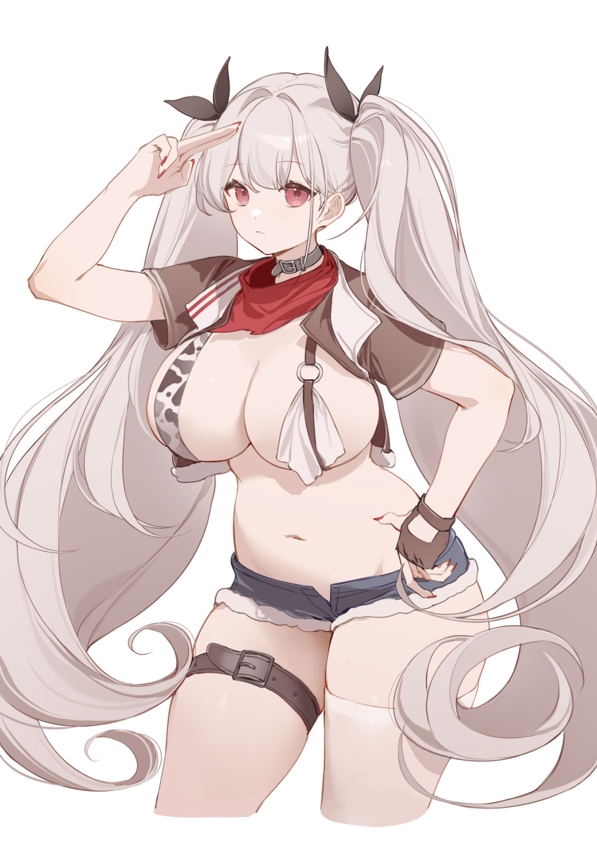 1girl absurdres alternate_costume animal_print arm_up azur_lane belt breasts brown_gloves brown_shirt choker cleavage closed_mouth cow_print crop_top cropped_legs cutoffs denim denim_shorts expressionless fingerless_gloves formidable_(azur_lane) gloves grey_choker hair_ribbon handkerchief highres large_breasts long_hair looking_at_viewer micro_shorts nail_polish navel neckerchief open_clothes open_fly open_shirt red_eyes red_nails revealing_clothes ribbon shibuya_(kurokamishain) shirt short_sleeves shorts single_glove single_thighhigh solo stomach thigh_belt thigh_strap thighhighs thighs twintails very_long_hair white_hair white_thighhighs