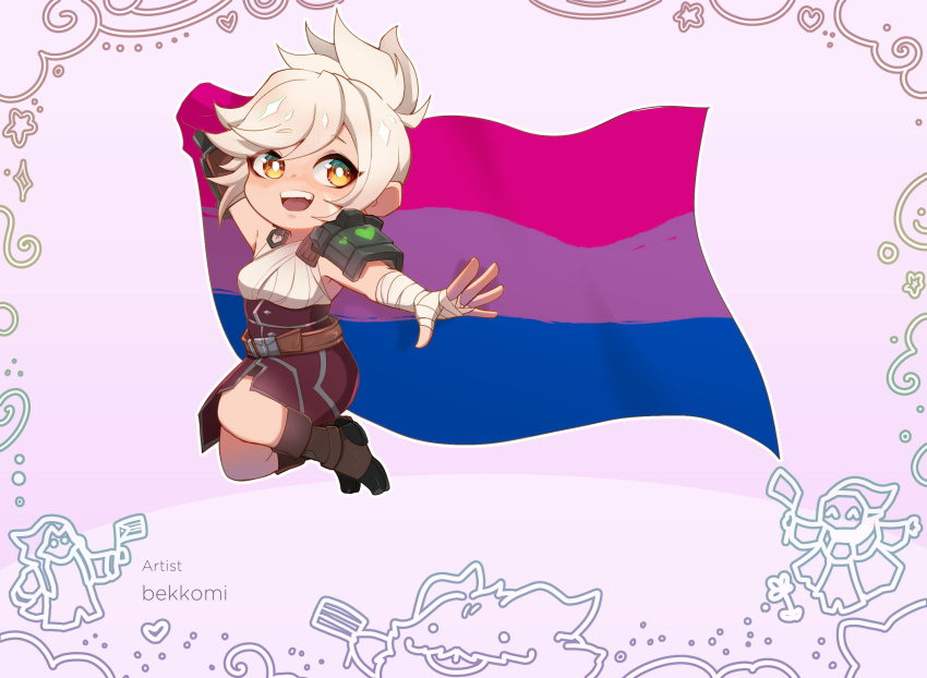 1girl :d arm_up artist_name bekkomi belt breasts brown_belt brown_footwear flag grey_hair highres holding holding_flag league_of_legends medium_breasts orange_eyes pride_month riven_(league_of_legends) second-party_source shoes single_bare_shoulder single_shoulder_pad smile solo teeth upper_teeth_only