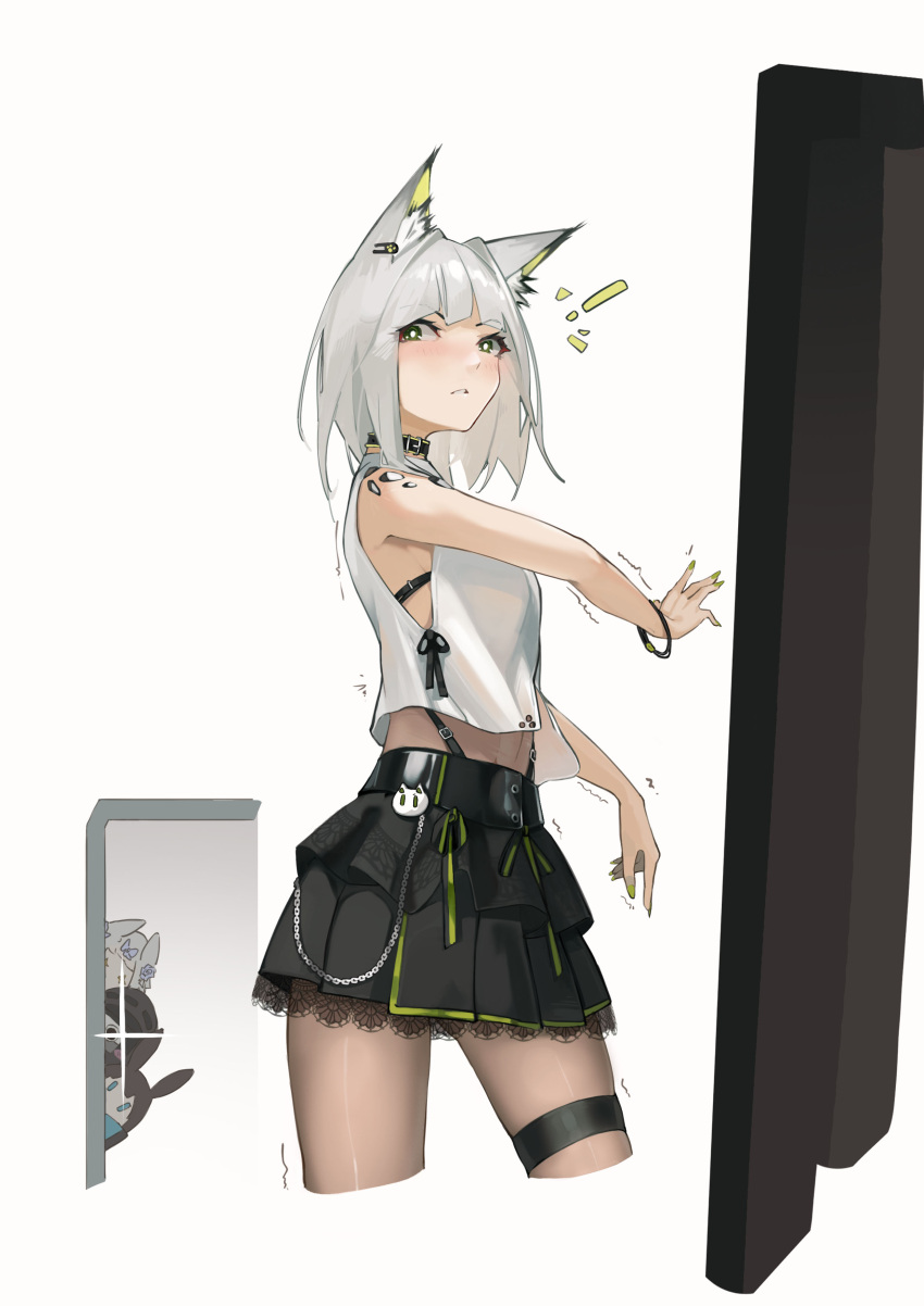 +_+ 1other 3girls absurdres amiya_(arknights) animal_ear_fluff animal_ears arknights bangle bare_arms bare_shoulders black_skirt blue_bow blue_eyes blush bow bracelet brown_hair brown_pantyhose character_request doctor_(arknights) green_eyes green_nails grey_background grey_hair highres hood hood_up jewelry kal'tsit_(arknights) multiple_girls nail_polish notice_lines orga_(orgacl) pantyhose parted_lips peeking_out pleated_skirt rabbit_ears shirt simple_background skindentation skirt sleeveless sleeveless_shirt thigh_strap trembling white_shirt