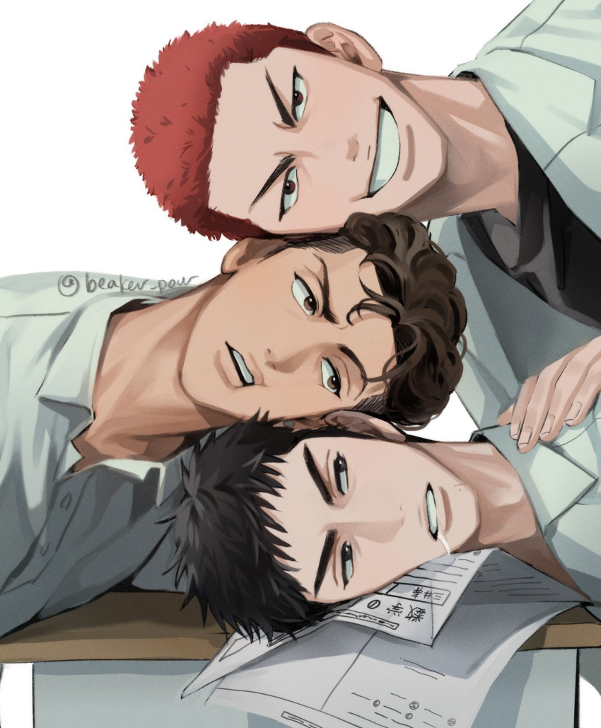 3boys beaker_pour bishounen black_eyes black_shirt brown_eyes brown_hair buzz_cut dark-skinned_male dark_skin desk drooling earrings hand_on_another's_shoulder highres human_stacking jewelry looking_at_another looking_at_viewer male_focus mitsui_hisashi miyagi_ryouta mouth_drool multiple_boys open_clothes open_mouth open_shirt paper red_hair school_desk shirt short_hair slam_dunk_(series) smile stud_earrings toned toned_male undercut upper_body very_short_hair wavy_hair white_background white_shirt