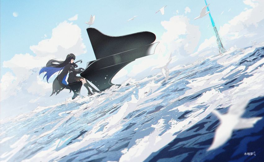 1girl absurdres bird black_coat black_dress black_hair black_socks blue_coat blue_hair closed_eyes cloud coat colored_inner_hair dress grand_piano highres instrument long_sleeves mechanical_arms multicolored_hair music ocean piano playing_instrument playing_piano punishing:_gray_raven puyuyan seagull selena:_tempest_(punishing:_gray_raven) selena_(punishing:_gray_raven) sky socks solo waves