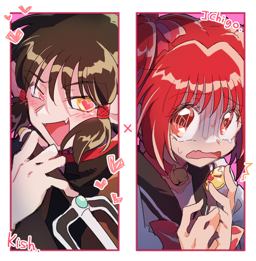 1boy 1girl @_@ amulet colored_sclera commentary_request english_text green_hair heart heart-shaped_pupils highres hs1122 momomiya_ichigo pink_eyes pink_hair quiche_(tokyo_mew_mew) sai_(weapon) scared short_hair smile sweatdrop symbol-shaped_pupils tokyo_mew_mew upper_body yellow_sclera