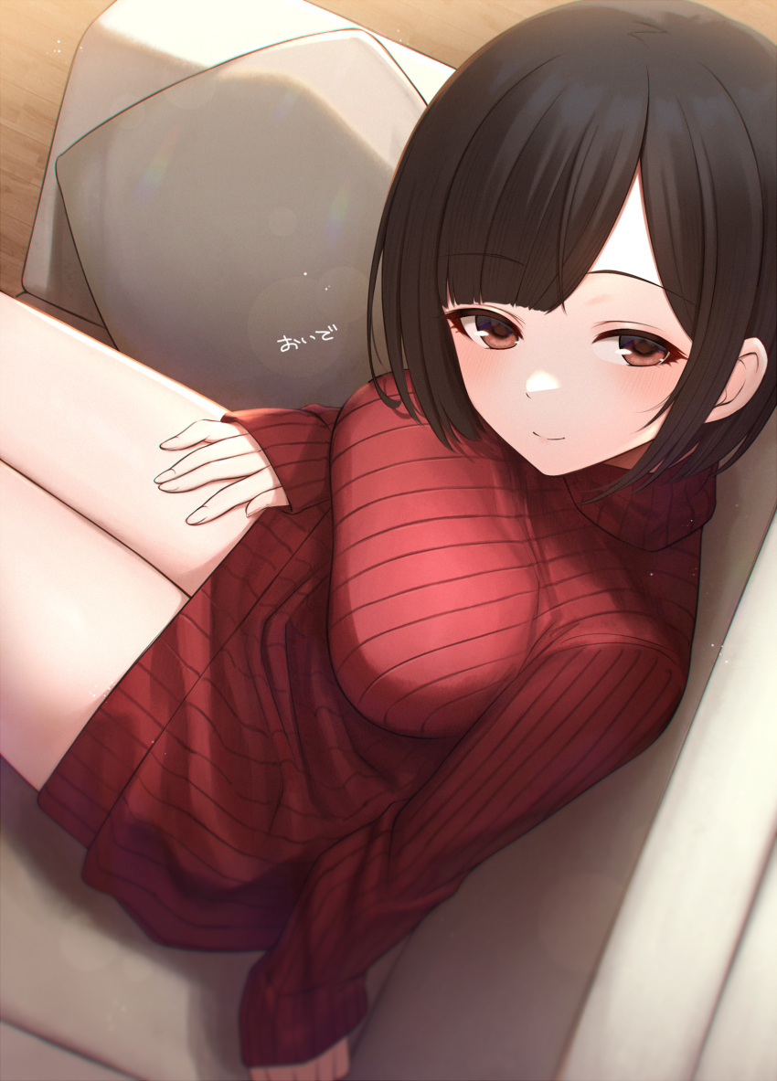 1girl absurdres black_hair breasts brown_eyes closed_mouth commentary_request couch highres hoshimiya_aki lap_pillow_invitation long_sleeves medium_breasts on_couch original parted_bangs red_sweater revision ribbed_sweater sitting sleeves_past_wrists smile solo sweater translation_request turtleneck turtleneck_sweater wooden_floor