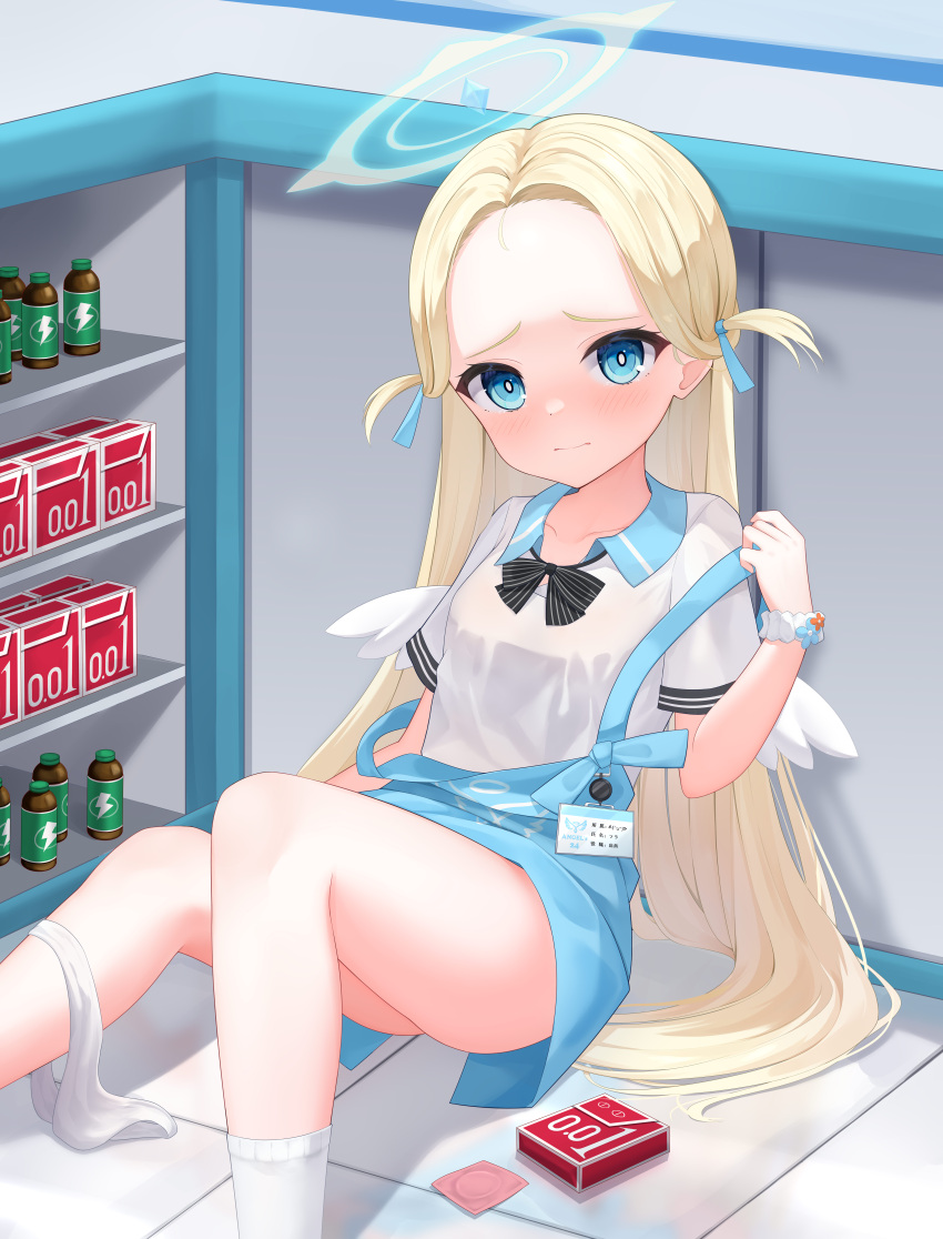 1girl absurdres angel's_24_uniform_(blue_archive) apron arsenic_(dufw2887) blonde_hair blue_apron blue_archive blue_eyes blue_halo blush breasts closed_mouth collared_shirt convenience_store halo highres indoors long_hair looking_at_viewer panties panties_around_one_leg polo_shirt shirt shop small_breasts socks solo sora_(blue_archive) two_side_up underwear white_panties white_shirt white_socks