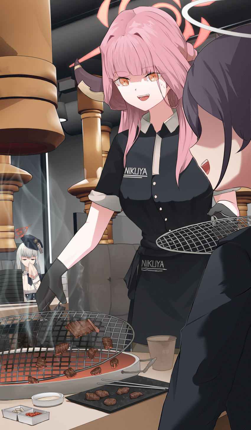 3girls absurdres apron aru_(blue_archive) black_apron black_gloves black_skirt blue_archive breasts closed_eyes demon_horns extra faceless faceless_female failure food gloves grey_hair grill halo handkerchief haruna_(blue_archive) hat highres holding_grill holding_handkerchief horns meat medium_breasts multiple_girls part_time_job peaked_cap pink_hair restaurant ryeon_(bluetom1) skirt sleeves_rolled_up sweatdrop waist_apron
