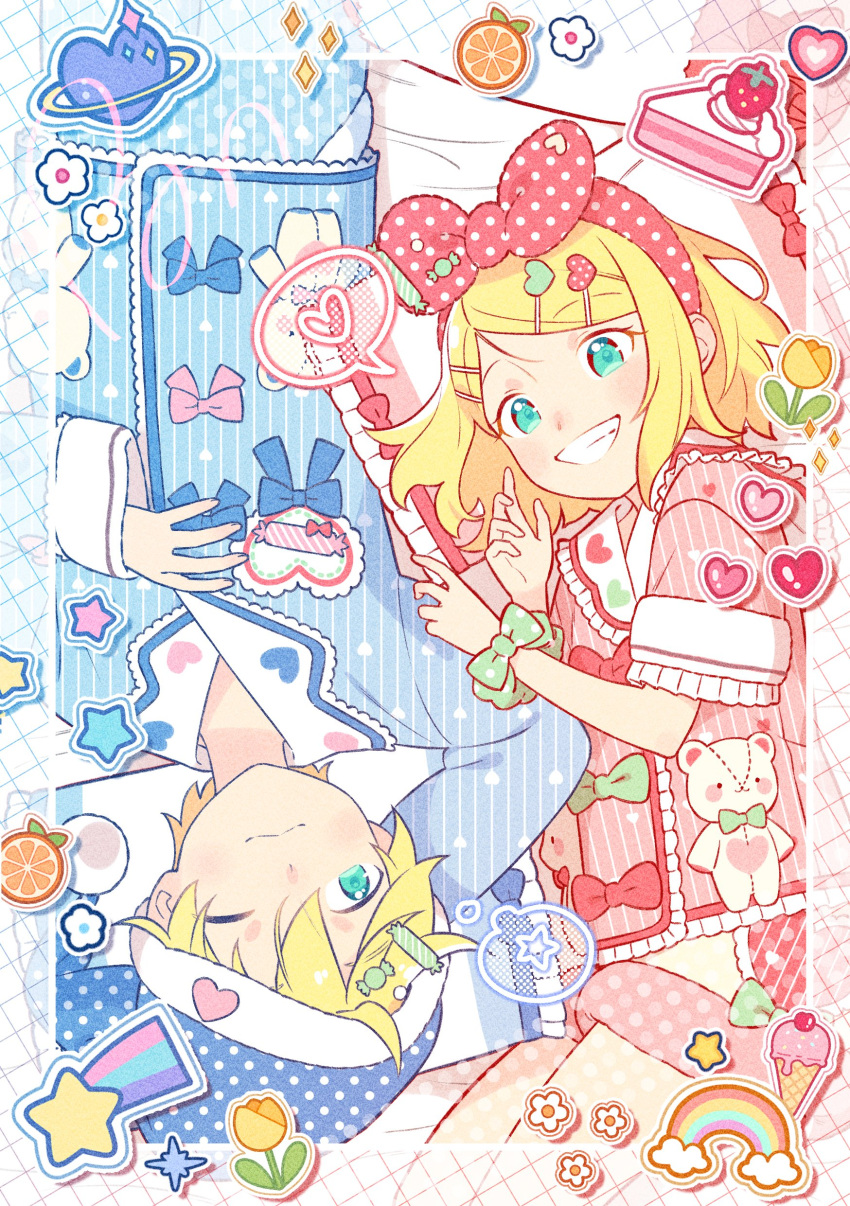 1boy 1girl absurdres aqua_eyes bed_sheet blonde_hair blue_bow blue_pajamas bon_bon_eee bow cake candy_hair_ornament collar flower food food-themed_hair_ornament frilled_collar frilled_pillow frilled_sleeves frills green_bow grin hair_bow hair_ornament hairclip hat heart highres ice_cream kagamine_len kagamine_rin long_sleeves looking_at_viewer lying nightcap on_back on_bed on_side one_eye_closed pajamas pillow pink_bow pink_pajamas polka_dot polka_dot_bow rainbow red_bow rotational_symmetry scrunchie shooting_star short_sleeves shorts sleepy smile spoken_heart spoken_star star_(symbol) sticker strawberry_cake striped striped_pajamas stuffed_animal stuffed_toy swept_bangs teddy_bear tulip vocaloid wavy_mouth wrist_scrunchie