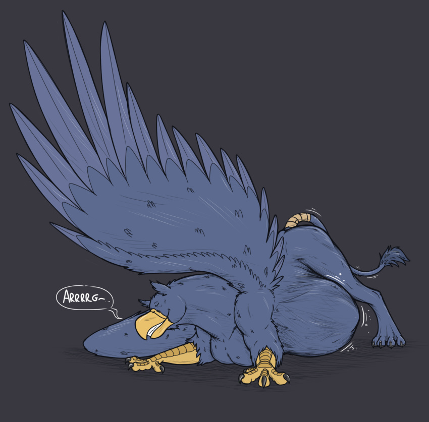 after_vore ambiguous_gender ass_up avian beak belly big_belly blue_body blue_fur digestion eyes_closed feral feral_pred fur gryphon hi_res jagg_(thatgryphonguy) lying male mythological_avian mythology on_front side_view smile tail tail_wraps talons thatgryphonguy vore wings wraps