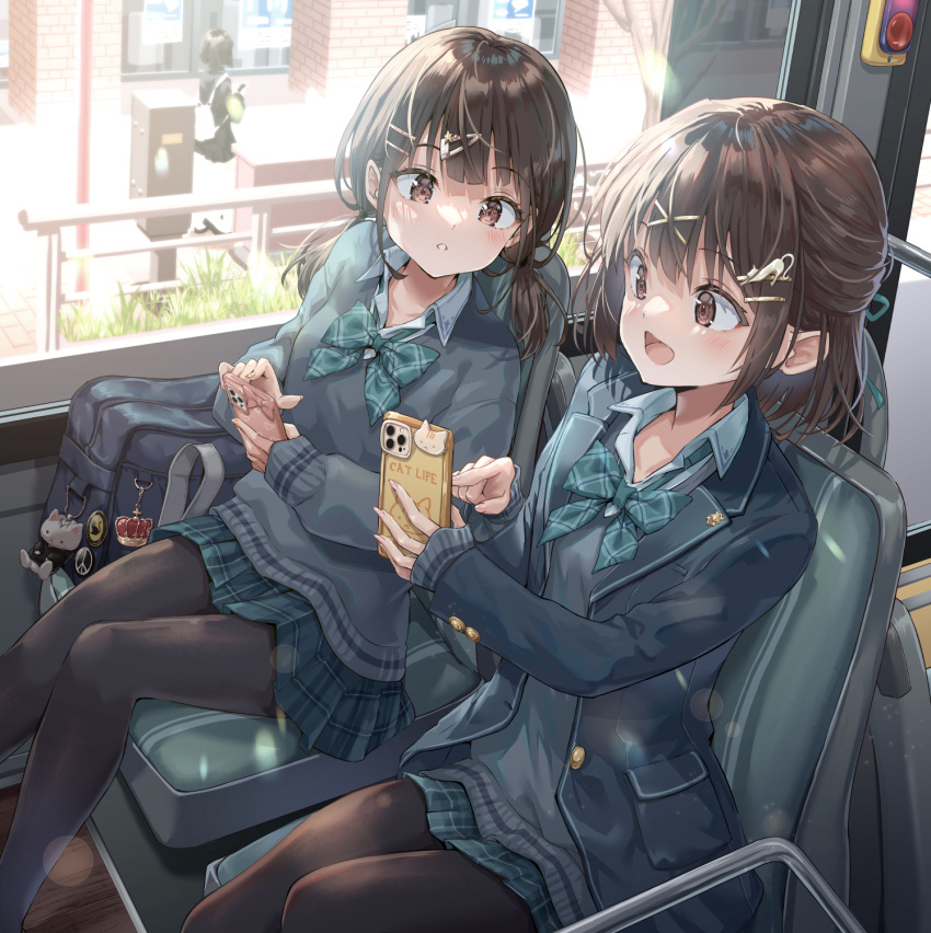 3girls bag black_jacket black_pantyhose blush bow bowtie brown_eyes brown_hair bus_interior cellphone fingernails green_bow green_bowtie green_skirt hair_ornament hairclip highres hirokazu_(analysis-depth) holding holding_phone jacket long_hair multiple_girls open_clothes open_jacket open_mouth original pantyhose phone plaid plaid_skirt pleated_skirt school_bag short_hair sitting skirt smartphone smile twintails x_hair_ornament