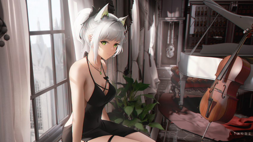 1girl animal_ears arknights bare_shoulders black_dress breasts cello cleavage curtains dress green_eyes highres indoors instrument jewelry kal'tsit_(arknights) ling_dianxia looking_at_viewer necklace paid_reward_available piano ponytail sitting solo thigh_strap white_hair