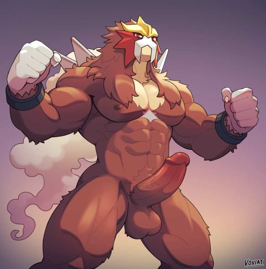 2023 abs anthro balls barazoku big_pecs big_penis brown_body brown_fur brown_nipples crotch_tuft entei fur generation_2_pokemon genitals glans gloves_(marking) hi_res humanoid_genitalia humanoid_penis legendary_pokemon male markings muscular muscular_male nintendo nipples nude orange_glans pecs penis pinup pokemon pokemon_(species) pose red_eyes solo third-party_edit tuft vein veiny_penis voviat