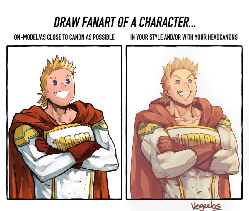 1boy addy_(@vegeebs) blonde_hair blue_eyes boku_no_hero_academia cape covered_abs draw_fanart_challenge english_text highres looking_at_viewer male_focus muscular muscular_male official_style red_cape short_hair smile spiked_hair superhero togata_mirio upper_body