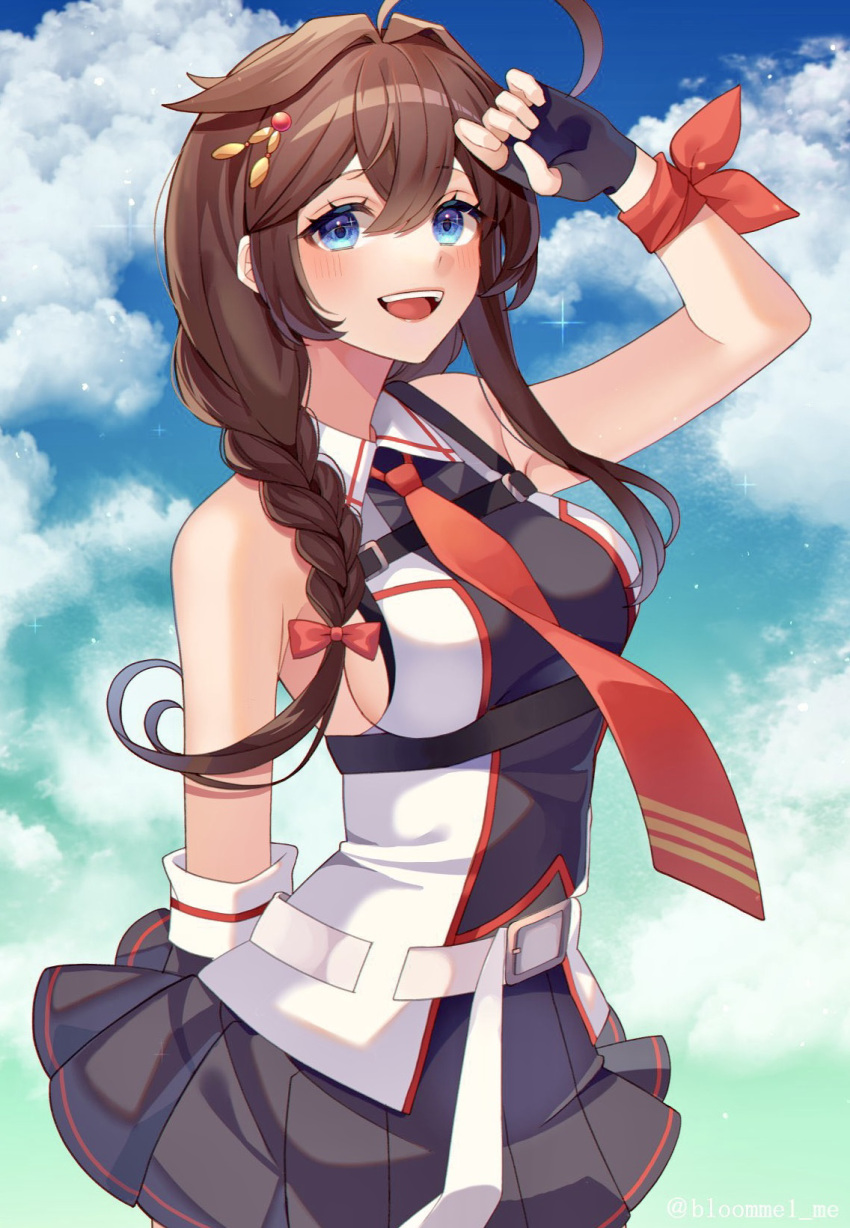 1girl ahoge black_gloves black_skirt blue_eyes blush bow braid breasts brown_hair chest_harness cloud cloudy_sky cowboy_shot fingerless_gloves gloves hair_between_eyes hair_bow hair_flaps harness highres kantai_collection kozu_(bloomme1_me) long_hair looking_at_viewer necktie open_mouth pleated_skirt red_bow red_necktie shigure_(kancolle) shigure_kai_san_(kancolle) sideboob single_braid skirt sky solo twitter_username