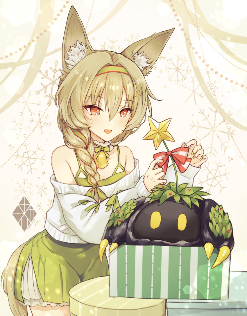 1girl animal_ear_fluff animal_ears arknights bare_shoulders beanstalk_(arknights) beanstalk_(gift_uncompleted)_(arknights) bell blush braid brown_hair crab dress green_dress green_hairband green_ribbon hair_between_eyes hair_ornament hairband hairclip highres hyena_ears large_ears long_hair long_sleeves metal_crab_(arknights) nanatsuka neck_bell neck_garter off-shoulder_sweater off_shoulder official_alternate_costume open_mouth red_eyes ribbon single_braid solo sweater two-tone_nails white_sweater