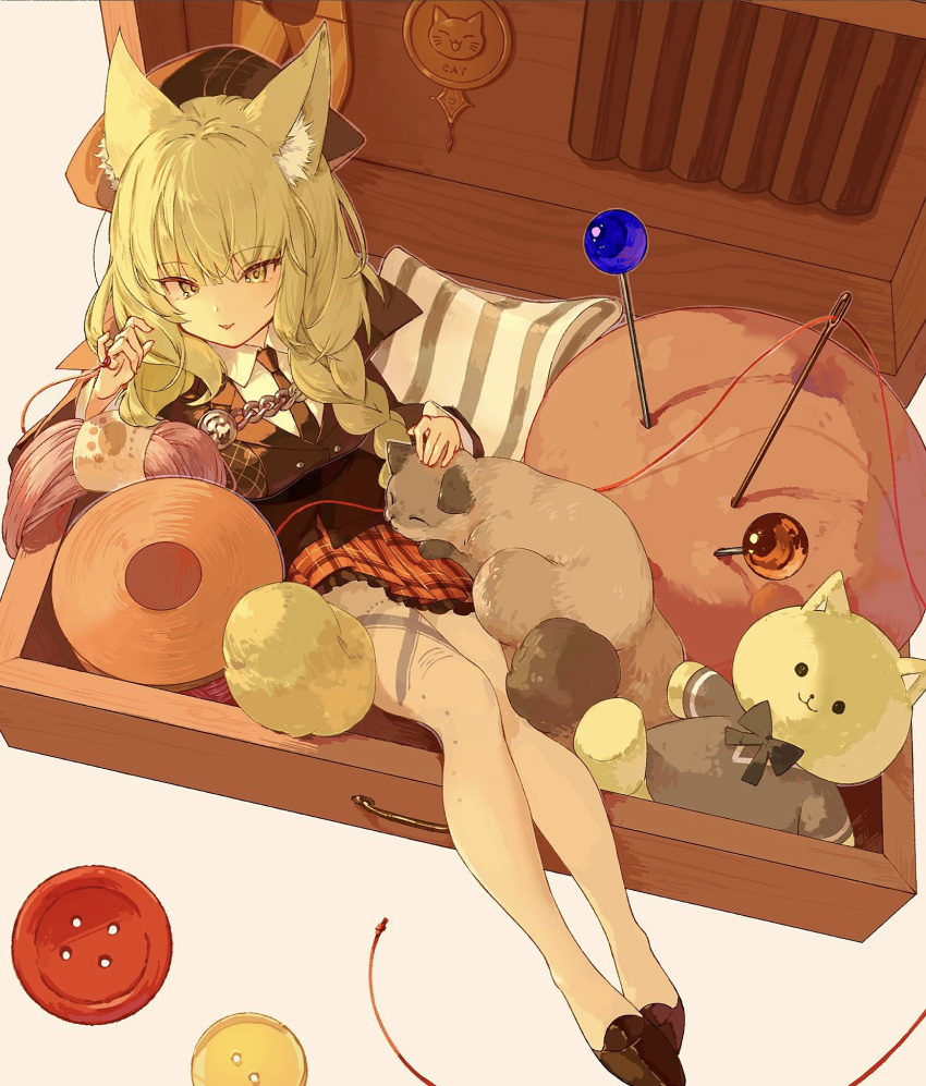 1girl animal animal_ear_fluff animal_ears arknights black_headwear black_necktie black_shirt box braid buttons cat cat_ears cat_girl green_hair harmonie_(arknights) harmonie_(invitation)_(arknights) highres long_hair mgmg_cc211 necktie needle official_alternate_costume orange_skirt oversized_object pantyhose parted_lips petting plaid plaid_skirt reclining sewing_kit sewing_needle sewing_pin shirt sitting skirt smile solo spool stuffed_animal stuffed_cat stuffed_toy thread white_pantyhose white_shirt yellow_eyes