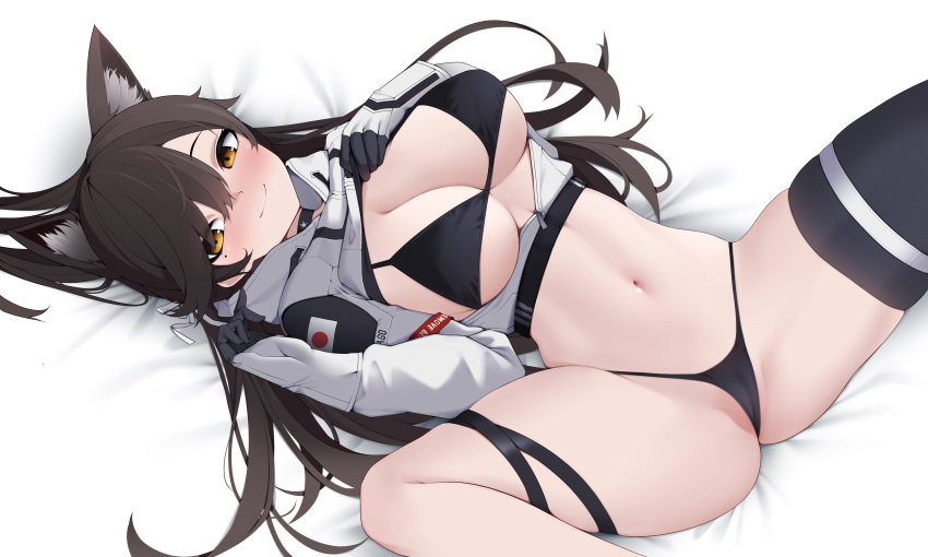 1girl absurdres atago_(azur_lane) atago_(space_atago)_(greyeth)_(azur_lane) azur_lane black_thighhighs blush breasts brown_eyes closed_mouth gloves hand_on_own_chest highres japanese_flag large_breasts long_hair looking_at_viewer lying on_back remove_before_flight_tag smile spread_legs thigh_bands thighhighs z.taiga