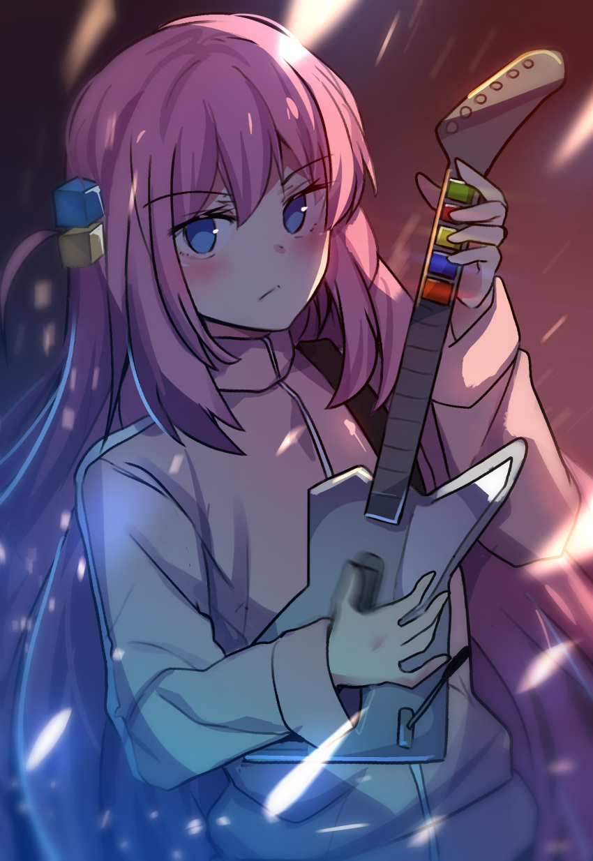 1girl absurdres blue_eyes blush bocchi_the_rock! closed_mouth commentary cube_hair_ornament english_commentary gotou_hitori guitar guitar_hero hair_between_eyes hair_ornament hair_spread_out hand_up highres hinghoi holding holding_instrument instrument jacket light_particles long_hair long_sleeves looking_at_viewer motion_blur music one_side_up pink_hair pink_jacket playing_instrument serious sidelighting sidelocks solo upper_body v-shaped_eyebrows very_long_hair