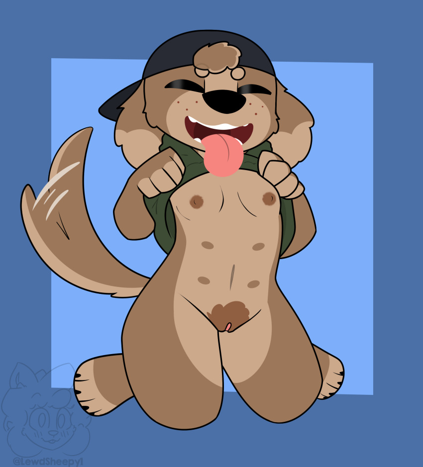 2023 absurd_res anthro backwards_baseball_cap backwards_hat baseball_cap belly_nipples black_nose blue_background bottomless breasts brown_body brown_fur brown_nipples canid canine canis circle_eyebrows clothed clothing clothing_lift digital_drawing_(artwork) digital_media_(artwork) domestic_dog eyebrows eyes_closed female flashing flashing_breasts flat_colors floppy_ears freckles full-length_portrait fur genitals green_clothing green_shirt green_topwear hat head_tuft headgear headwear hi_res hindpaw kneeling lop_ears mammal navel nipples open_mouth open_smile paws pink_pussy pink_tongue portrait pubes pussy sam_(sleepysheepy17) shirt shirt_lift simple_background sleepysheepy17 smile solo tail tail_motion tailwag teeth tongue tongue_out topwear tuft