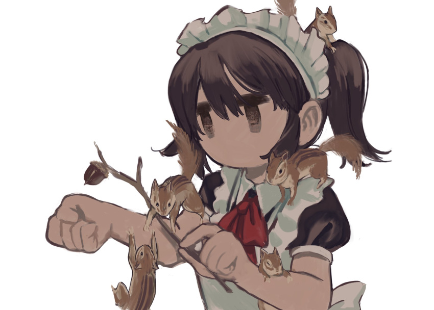 1girl acorn animal_on_arm animal_on_head animal_on_shoulder apron black_dress bow bowtie branch brown_eyes brown_hair clenched_hand collared_dress commentary_request dress frilled_apron frills hands_up highres holding holding_branch kezuru maid_headdress medium_hair no_mouth no_pupils no_sclera on_head original ponytail puffy_short_sleeves puffy_sleeves red_bow red_bowtie short_sleeves simple_background solo squirrel upper_body white_apron white_background