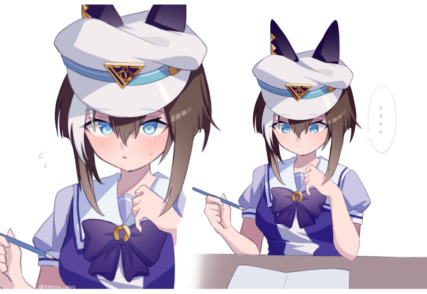 ... 1girl animal_ears blue_eyes blush breasts cheval_grand_(umamusume) hair_between_eyes hat horse_ears looking_at_viewer medium_breasts medium_hair notebook pencil renma_(renma_0503) school_uniform simple_background solo sweatdrop tracen_school_uniform umamusume white_background