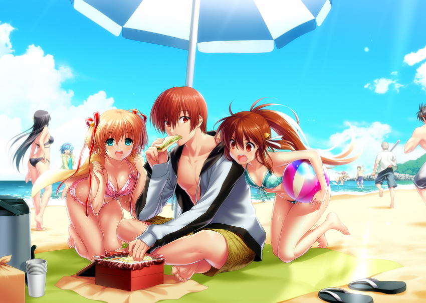 4boys 6+girls ahoge alternate_costume angry aqua_bikini aqua_eyes aqua_one-piece_swimsuit ball bare_arms bare_legs barefoot beach beach_umbrella beachball bikini black_bikini black_hair blanket blonde_hair blue_hair blue_sky breasts brother_and_sister brown_hair cleavage closed_mouth collarbone curvy day eating everyone eyelashes eyes_visible_through_hair fang feet food frilled_bikini frills grey_hair hair_between_eyes hair_ornament hair_ribbon hand_on_another's_shoulder hand_up happy highres holding holding_ball holding_beachball holding_food hug indian_style inohara_masato jacket kamikita_komari kneeling kurugaya_yuiko large_breasts leaning_forward little_busters! long_hair long_ribbon looking_at_another looking_at_food medium_hair miyazawa_kengo multiple_boys multiple_girls naoe_riki natsume_kyousuke natsume_rin nishizono_mio non-web_source noumi_kudryavka ocean one-piece_swimsuit open_clothes open_jacket open_mouth outdoors paw_print pectorals pink_bikini purple_hair red_eyes red_ribbon ribbon running saigusa_haruka sandals sandals_removed sandwich shiny_skin short_hair siblings sitting sky small_breasts soles spiked_hair standing star_(symbol) star_hair_ornament straight_hair summer sunlight surprised swimsuit teeth thigh_gap thighs tiptoes toenails toes two_side_up umbrella upper_teeth_only v-shaped_eyebrows very_long_hair wading waving wet white_jacket white_ribbon zen_(kamuro)