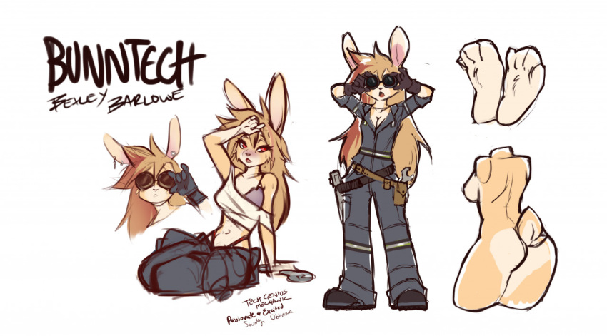 anthro blonde_hair breasts bunntech butt coveralls dragonfu eyewear female goggles hair lagomorph leporid long_hair looking_at_viewer mammal model_sheet navel rabbit sitting solo standing tools