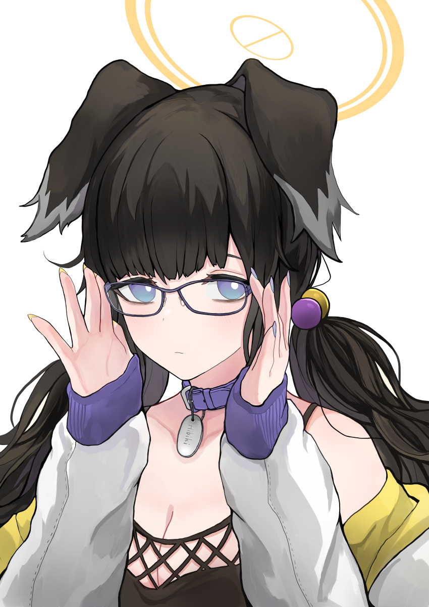 1girl absurdres animal_ears bespectacled black_hair blue_archive blue_eyes blue_nails blush breasts cleavage closed_mouth collarbone dog_ears fingernails glasses halo hibiki_(blue_archive) highres long_hair long_sleeves medium_breasts mitsumoto_amata nail_polish purple-framed_eyewear simple_background solo upper_body white_background yellow_halo yellow_nails