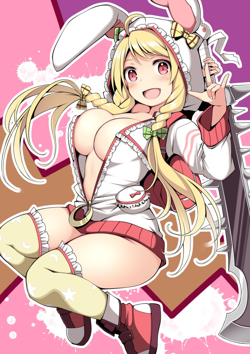 1girl animal_hood blonde_hair blush bow breasts cleavage fox_shadow_puppet hair_bow highres holding holding_weapon hood hood_up jacket kuromayu large_breasts long_hair long_sleeves looking_at_viewer open_mouth original partially_unzipped red_eyes shoes solo thighhighs weapon white_jacket