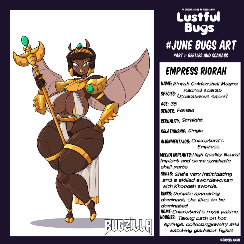 absurd_res anklet antennae_(anatomy) anthro areola areola_slip armband armor arthropod beetle big_breasts breasts bugzilla clothed clothing crown dung_beetle english_text female gauntlets gloves gold_(metal) gold_nipples gorget green_eyes hand_on_hip handwear headgear hi_res holding_object holding_staff insect jewelry legband model_sheet nipple_slip nipples pubes riorah_(bugzilla) sacred_scarab scarabaeid shoulder_pads simple_background skimpy solo staff text thick_thighs thighband white_background wide_hips wings