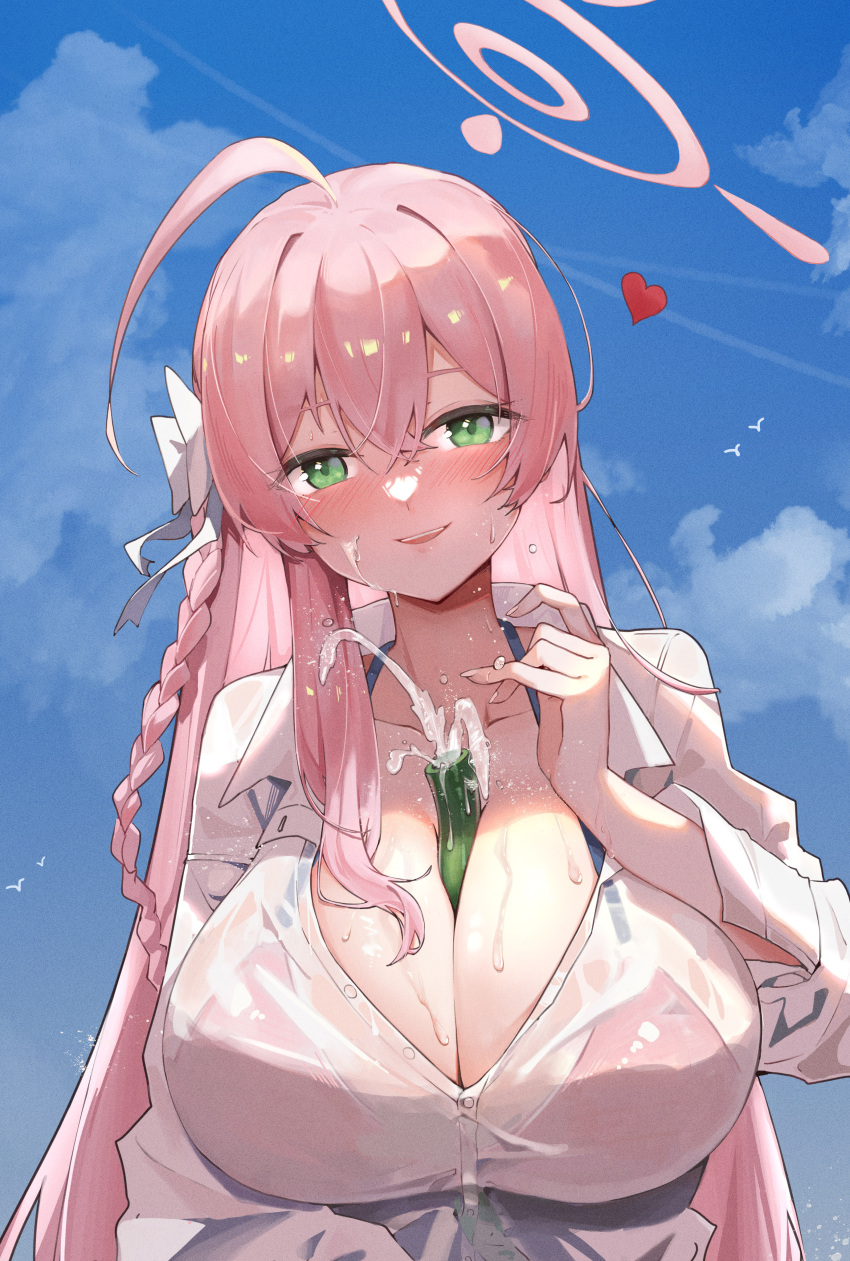 1girl :d absurdres between_breasts bikini bikini_under_clothes blue_archive blue_sky blush bow braid breasts cleavage day dress_shirt green_eyes hair_bow hanako_(blue_archive) hand_on_own_chest heart highres hose large_breasts long_hair long_sleeves looking_at_viewer outdoors parted_lips pink_bikini pink_hair see-through shirt side_braid sky smile solo swimsuit upper_body very_long_hair water wet wet_clothes wet_shirt white_bow zarsy