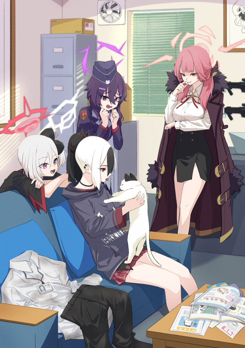 4girls akimitsu611 animal aru_(blue_archive) black_hair black_headwear black_hoodie black_horns black_skirt blue_archive box breasts brown_coat cat closed_mouth coat coat_on_shoulders collared_shirt demon_horns fur-trimmed_coat fur_trim garrison_cap hair_between_eyes hair_ornament hair_scrunchie halo haruka_(blue_archive) hat highres holding holding_animal hood hoodie horns indoors juliet_sleeves kayoko_(blue_archive) large_breasts long_hair long_sleeves multiple_girls mutsuki_(blue_archive) neck_ribbon open_mouth pencil_skirt pink_hair pink_halo ponytail problem_solver_68_(blue_archive) puffy_sleeves purple_eyes purple_hair purple_halo red_eyes red_ribbon red_skirt ribbon scrunchie shirt side_ponytail side_slit sitting skirt smile tongue tongue_out white_hair white_shirt window_blinds yellow_eyes