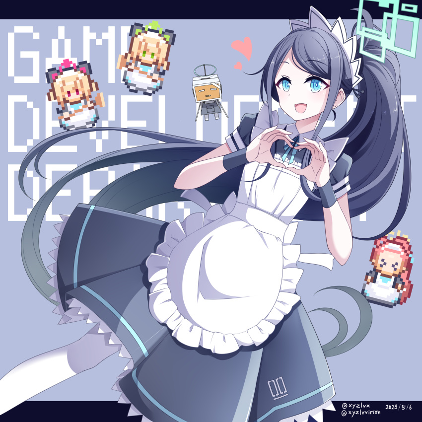 &gt;_&lt; &lt;key&gt;_(robot)_(blue_archive) 4girls absurdres animal_ear_headphones animal_ears apron aris_(blue_archive) aris_(maid)_(blue_archive) black_dress black_hair blonde_hair blue_archive blue_eyes blue_ribbon borrowed_clothes broom closed_eyes collared_dress commentary_request dated dress fake_animal_ears frilled_apron frills green_eyes grey_background halo headphones heart heart_hands hebitsukai-san highres holding holding_broom maid maid_apron midori_(blue_archive) midori_(maid)_(blue_archive) momoi_(blue_archive) momoi_(maid)_(blue_archive) multiple_girls neck_ribbon official_alternate_costume pantyhose pixelated pleated_dress ponytail puffy_short_sleeves puffy_sleeves purple_eyes red_hair revision ribbon robot short_sleeves siblings sisters solo_focus swept_bangs twins twitter_username white_apron white_pantyhose yuzu_(blue_archive) yuzu_(maid)_(blue_archive)