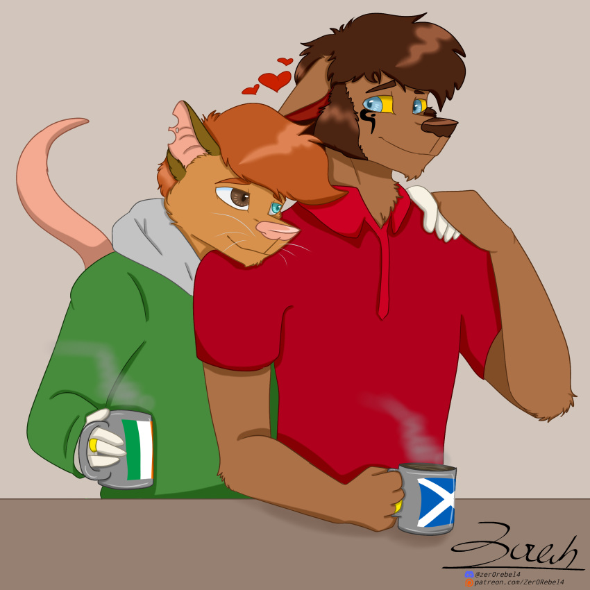 &lt;3 2023 absurd_res anthro beverage blue_eyes brown_body brown_eyes brown_fur brown_hair brown_markings canid canine canis clothing coffee coffee_mug container cup didelphid digit_ring discord_(app) duo embrace eye_contact fur hair hand_holding heterochromia hi_res holding_mug holding_object hug hugging_from_behind irish_flag jewelry looking_at_another male male/male mammal markings married_couple marsupial mature_male mug notched_ear orange_body orange_fur orange_hair patreon raised_tail ring romantic romantic_ambiance scottish_flag sweater tail text thomas_ii_(zer0rebel4) timothy_(zer0rebel4) topwear url wedding_ring were werecanid werecanine werewolf whiskers white_body white_fur white_markings wholesome wolf yellow_sclera zer0rebel4