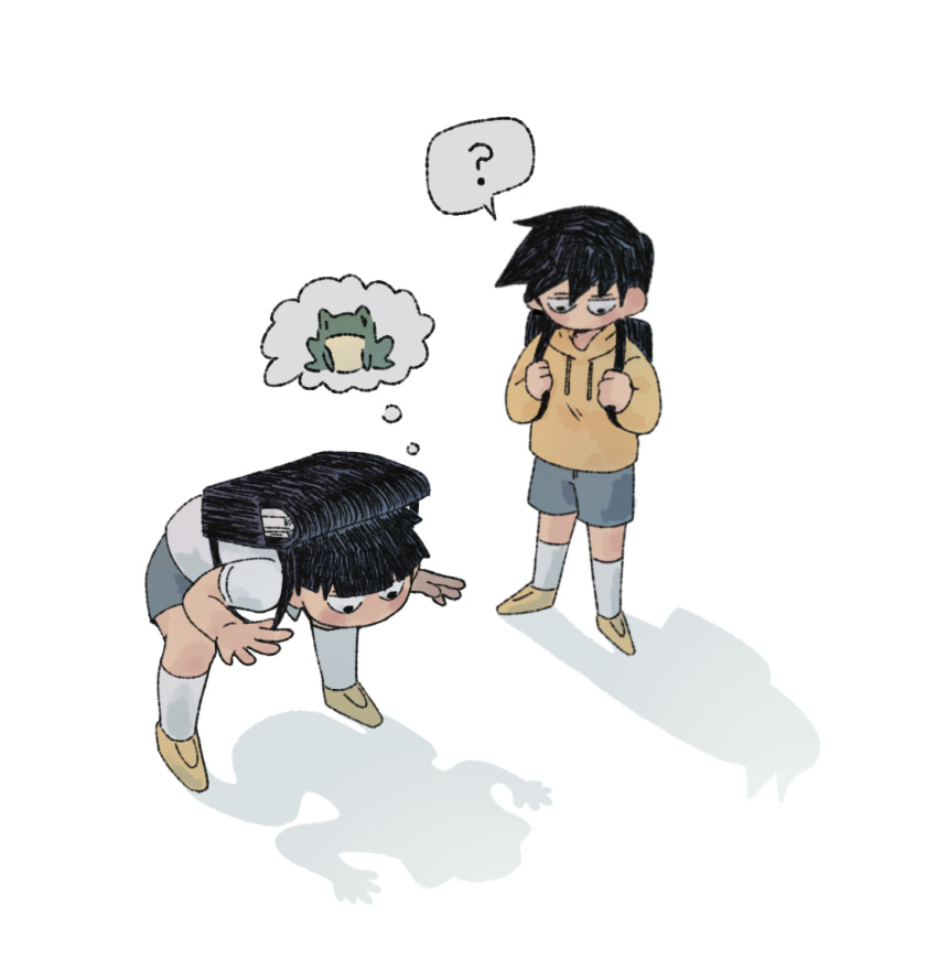 2boys ? bag black_hair brothers cutystuffy frog grey_shorts hood hoodie kageyama_ritsu kageyama_shigeo long_sleeves male_focus mob_psycho_100 multiple_boys shadow short_hair short_sleeves shorts siblings simple_background socks spoken_question_mark standing thought_bubble white_background white_socks yellow_hoodie