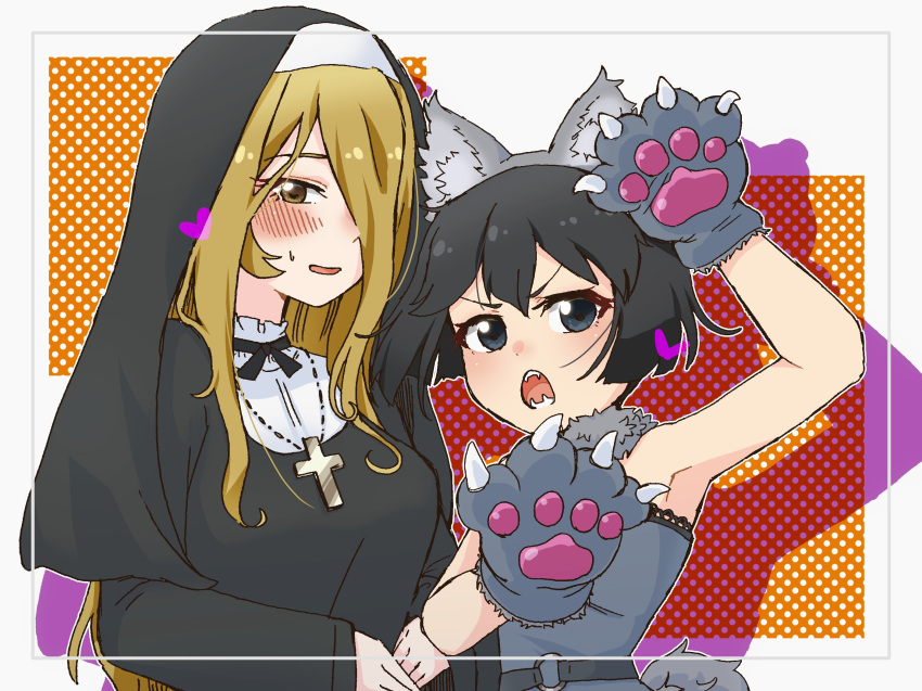 2girls animal_ears animal_hands arm_up black_dress black_eyes black_hair black_headwear blush bob_cut brown_eyes brown_hair claw_pose cross cross_necklace dress fake_animal_ears fake_tail fangs fur_collar girls_und_panzer gloves grey_dress grey_gloves habit hair_between_eyes hair_over_one_eye half-closed_eyes halloween halloween_costume heart highres jewelry long_hair long_sleeves looking_at_viewer midori_no_gomamugi multiple_girls necklace nekonyaa_(girls_und_panzer) nun paw_gloves short_hair side-by-side standing sweatdrop tail utsugi_yuuki v-shaped_eyebrows very_long_hair wolf_ears wolf_tail