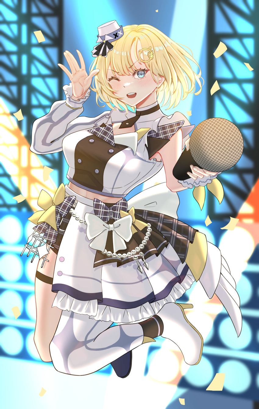 1girl black_shorts blonde_hair blue_eyes blush breasts buttons cleavage double-breasted hair_ornament half-skirt hat high_heels highres holding holding_microphone hololive hololive_english hololive_idol_uniform hololive_idol_uniform_(bright) idol_clothes large_breasts looking_at_viewer microphone mini_hat mini_top_hat monocle_hair_ornament one_eye_closed open_mouth oursong_(kiam_pis) shirt short_hair shorts single_thighhigh skirt smile solo teeth thigh_strap thighhighs top_hat upper_teeth_only virtual_youtuber watson_amelia white_footwear white_headwear white_shirt white_skirt white_thighhighs