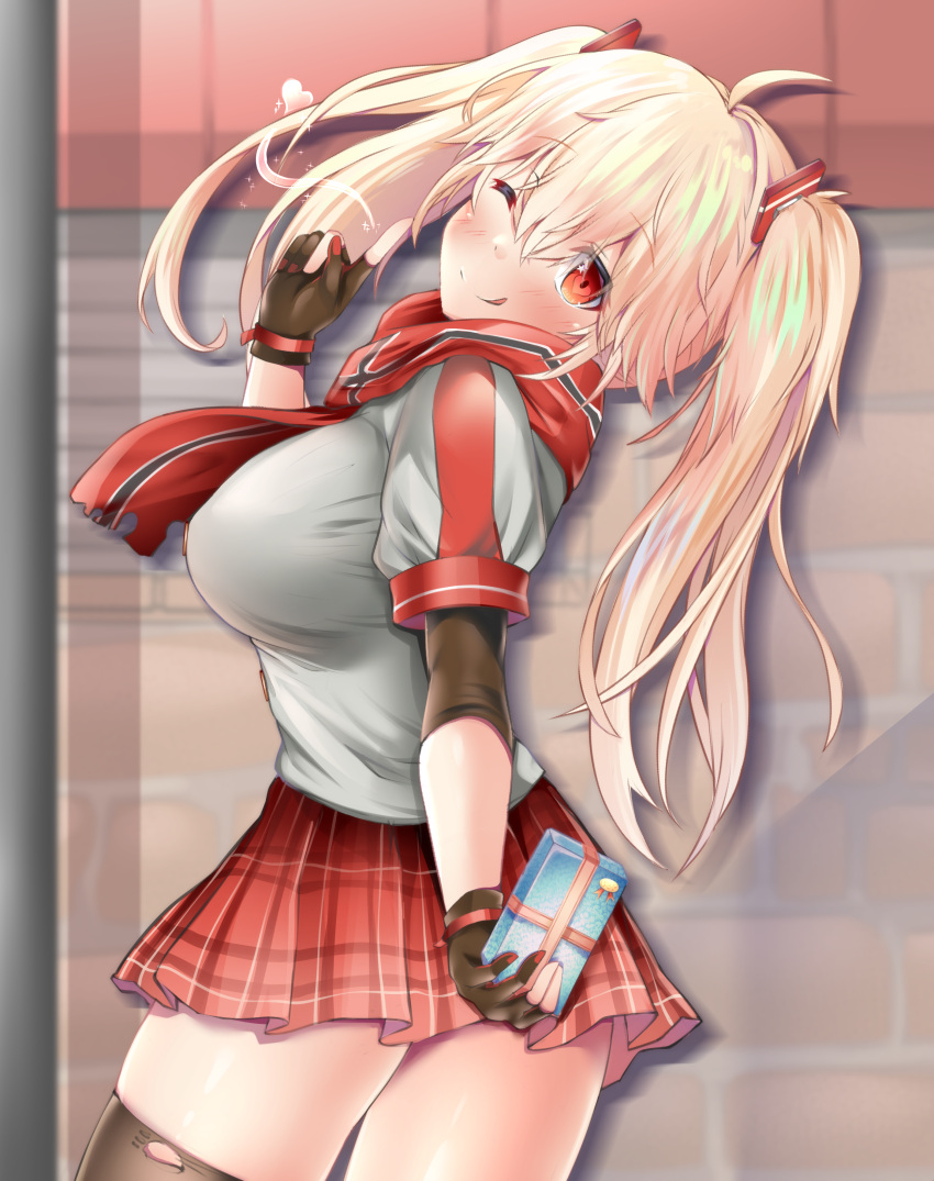 1girl ;q absurdres azur_lane blonde_hair bluecher_(azur_lane) breasts brown_thighhighs cowboy_shot from_side gloves grey_shirt highres large_breasts long_hair looking_at_viewer manatu_kato miniskirt multicolored_clothes multicolored_scarf one_eye_closed partially_fingerless_gloves plaid plaid_skirt red_eyes red_scarf red_skirt scarf shirt short_sleeves skirt solo thighhighs tongue tongue_out torn_clothes torn_thighhighs twintails