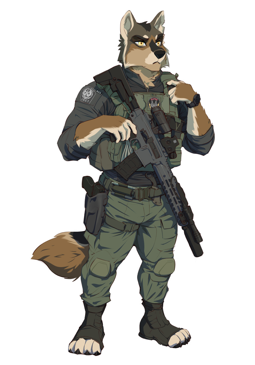 absurd_res anthro assault_rifle bulletproof_vest canid canine canis canis_wulfen clock clothing disney footwear grizzlygus gun hi_res holster law_enforcement male mammal police ranged_weapon rifle sig_mcx solo special_forces stoopix swat tactical tactical_gear toeless_footwear watch weapon wolf zootopia