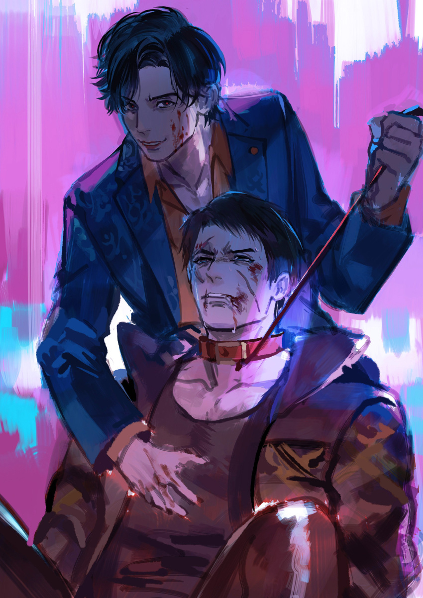 2boys absurdres black_eyes black_hair black_jacket black_pants black_tank_top blood blood_on_face blue_jacket blue_suit collar collarbone cowboy_shot frown highres holding holding_leash jacket knees_up kuromonoka leash long_sleeves looking_at_viewer male_focus multiple_boys nishitani_homare_iii orange_shirt pants parted_lips pink_background ryuu_ga_gotoku_(series) ryuu_ga_gotoku_7_gaiden scar scar_on_face scar_on_lip shirt shishido_kousei sitting smile standing suit tank_top teeth v-shaped_eyebrows