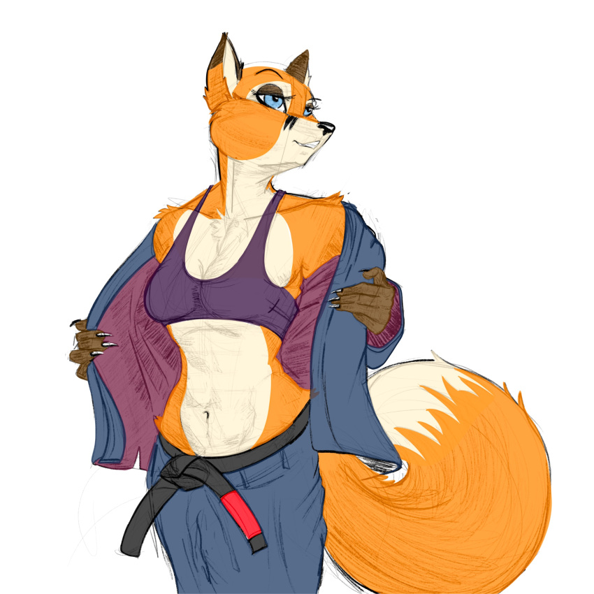 anthro athletic athletic_female black_belt bra brazilian_jiu_jitsu canid canine clothing female fitness flat_colors fox francisthefurry hi_res mammal martial_arts martial_arts_uniform sketch solo sports_bra sportswear underwear undressing