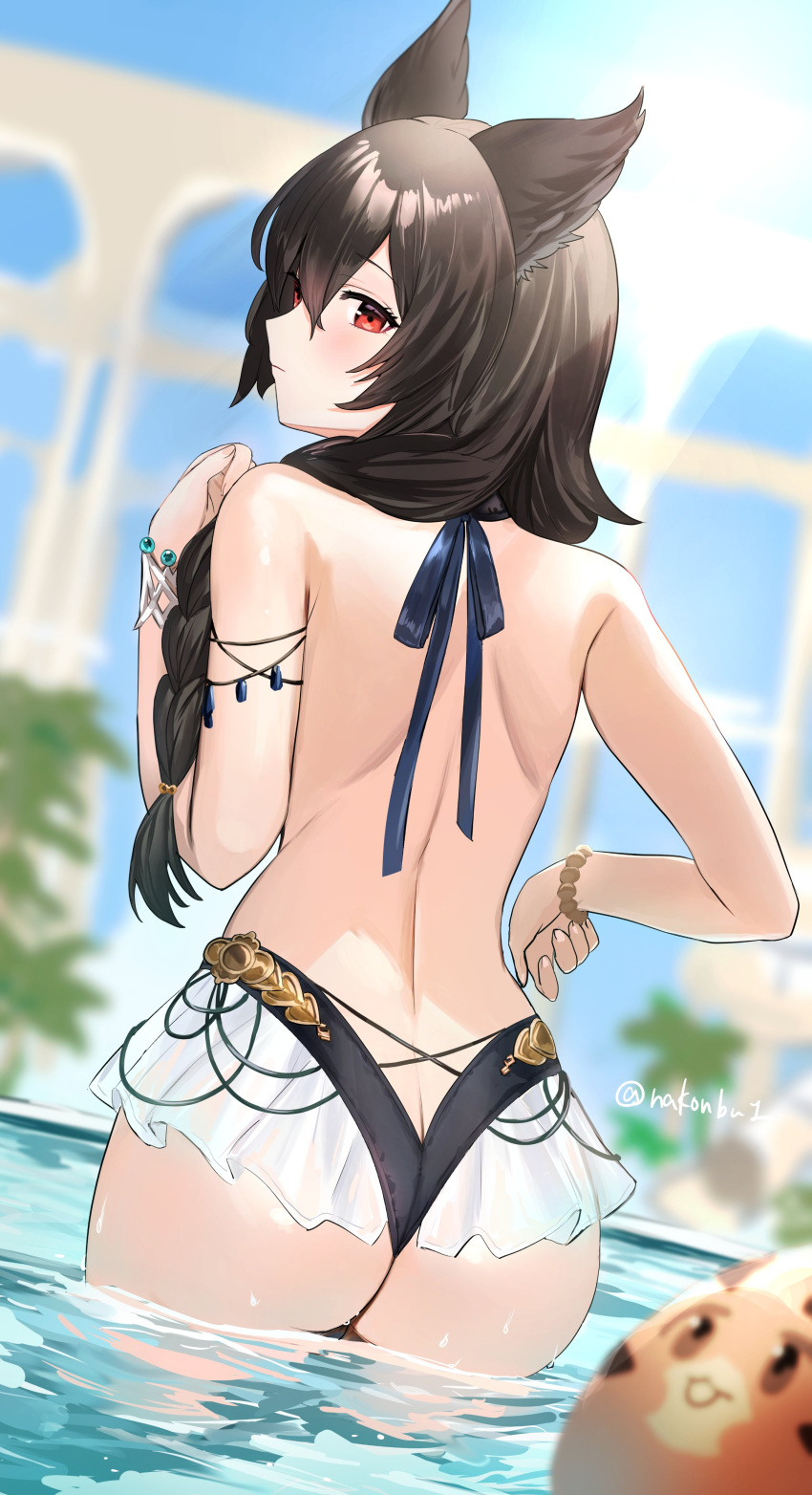 1girl absurdres animal_ears ass back backless_swimsuit ball bare_shoulders black_hair black_one-piece_swimsuit blurry blurry_background blurry_foreground bracelet braid braided_ponytail butt_crack closed_mouth day from_behind granblue_fantasy hair_between_eyes highres jewelry long_hair looking_at_viewer looking_back nakonbu nier_(granblue_fantasy) nier_(lover_by_the_lily_lake)_(granblue_fantasy) one-piece_swimsuit outdoors red_eyes solo sun swimsuit twitter_username vyrn_(granblue_fantasy) wading water