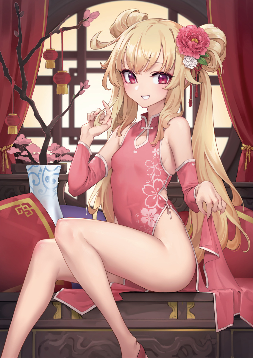 1girl absurdres bare_legs bare_shoulders blonde_hair breasts china_dress chinese_clothes clothing_cutout covered_navel detached_sleeves double_bun dress flower grin hair_bun hair_flower hair_ornament hand_up head_out_of_frame highres legs little_witch_nobeta long_hair long_sleeves looking_at_viewer no_panties nobeta non-web_source official_art oopartz_yang pelvic_curtain pink_dress plant potted_plant red_eyes side_cutout sitting sleeveless sleeveless_dress small_breasts smile solo thighs twintails vase very_long_hair