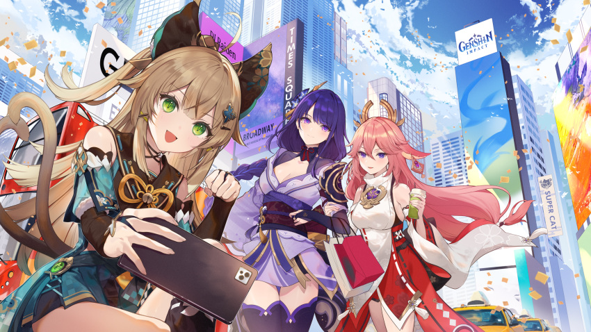 3girls ahoge animal_ears bare_shoulders blue_sky blush braid braided_ponytail breasts cat_ears cat_girl cat_tail cellphone cleavage closed_mouth cloud cloudy_sky cup day drinking_straw flower fox fox_ears genshin_impact green_eyes hair_between_eyes hair_ornament hairclip highres holding holding_cup holding_hands holding_phone japanese_clothes kimono kirara_(genshin_impact) miko mole mole_under_eye multiple_girls necomi open_mouth outdoors phone pink_hair purple_eyes purple_hair purple_kimono purple_thighhighs raiden_shogun sky smartphone smile tail thighhighs vision_(genshin_impact) yae_miko