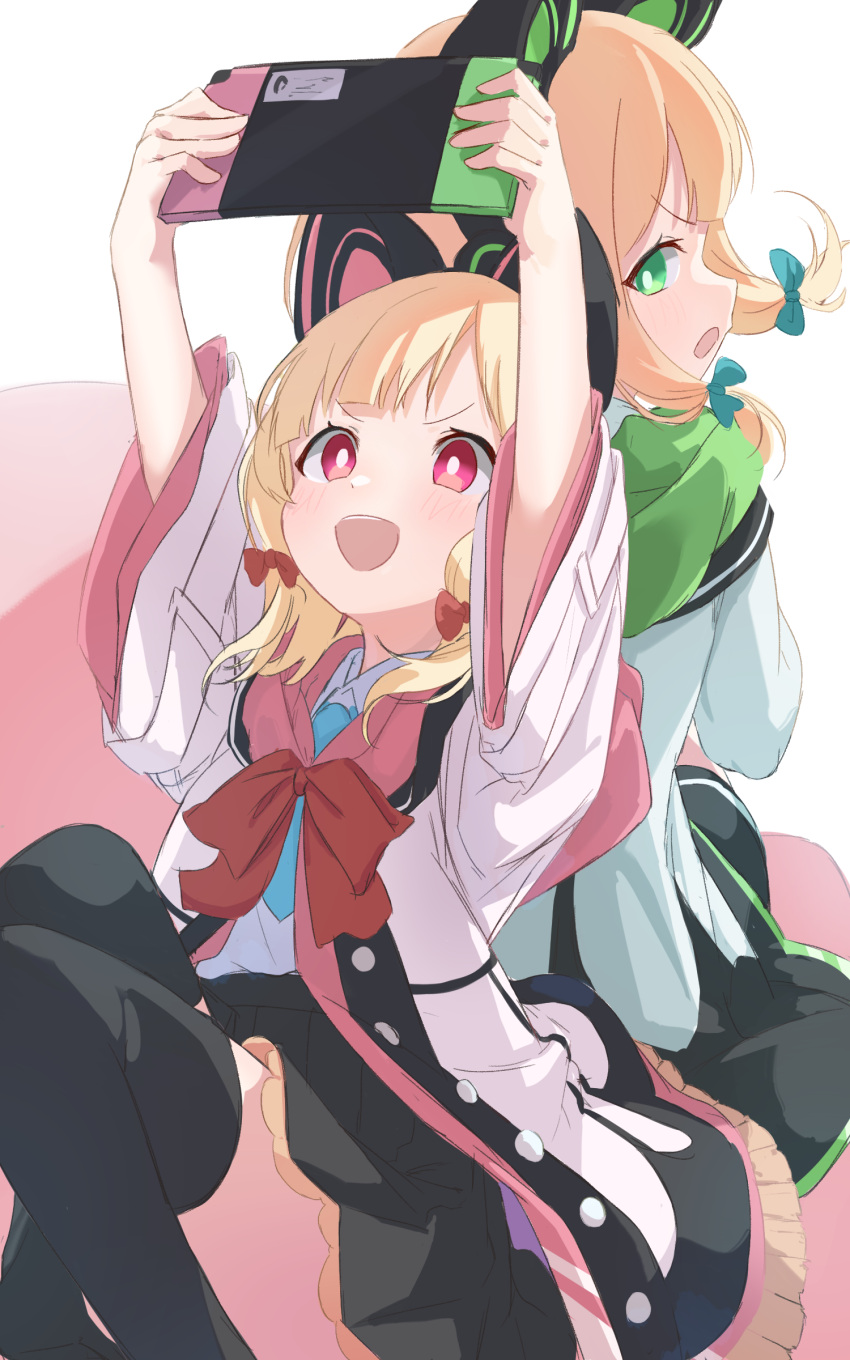 2girls :d :o absurdres animal_ear_headphones animal_ears arms_up blonde_hair blue_archive blue_necktie blunt_bangs bow bright_pupils cat_ear_headphones collared_shirt commentary_request fake_animal_ears green_eyes hair_bow hair_ribbon halo handheld_game_console headphones highres holding holding_handheld_game_console hood hooded_jacket jacket long_sleeves looking_at_another midori_(blue_archive) momoi_(blue_archive) multicolored_clothes multicolored_jacket multiple_girls necktie nintendo_switch parted_bangs pink_eyes playing_games pleated_skirt red_eyes ribbon school_uniform shirt short_hair shorts siblings sidelocks simple_background sisters skirt smile thighhighs tress_ribbon twins wep16night white_background white_jacket wide_sleeves